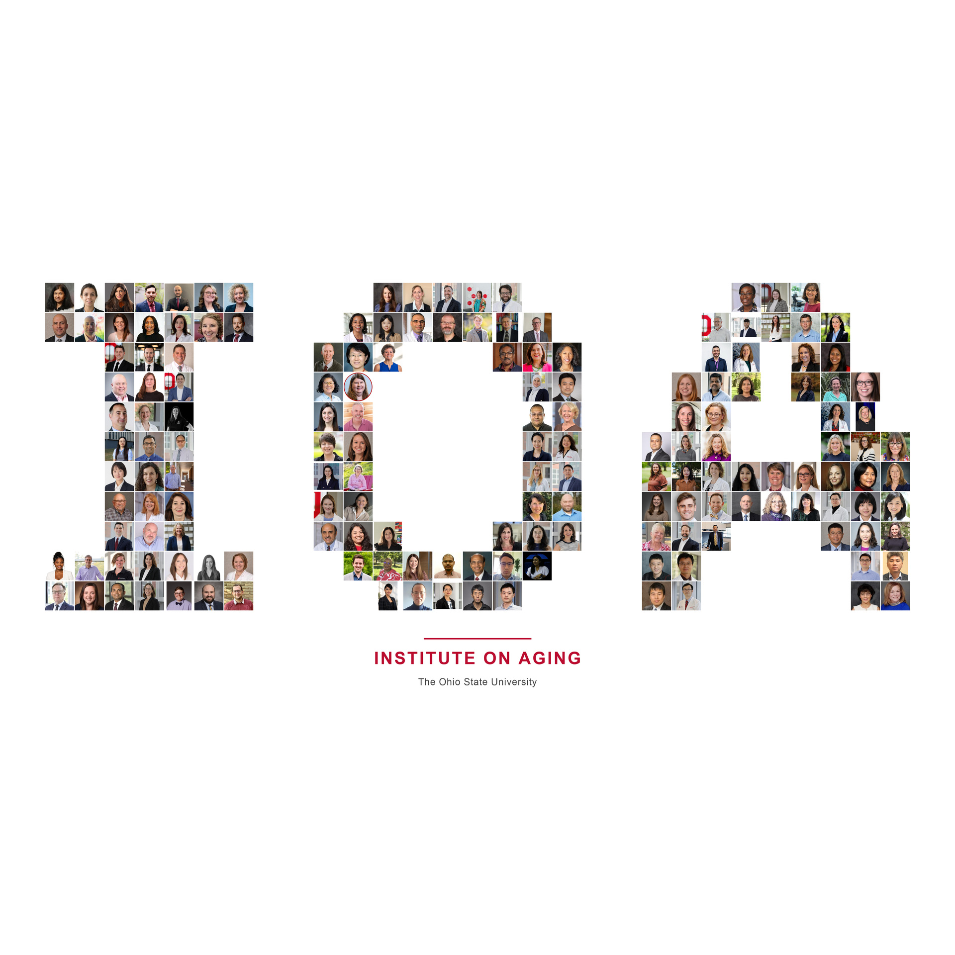 165 IOA member headshots arranged to form the letters IOA, above the words Institute on Aging and The Ohio State University.