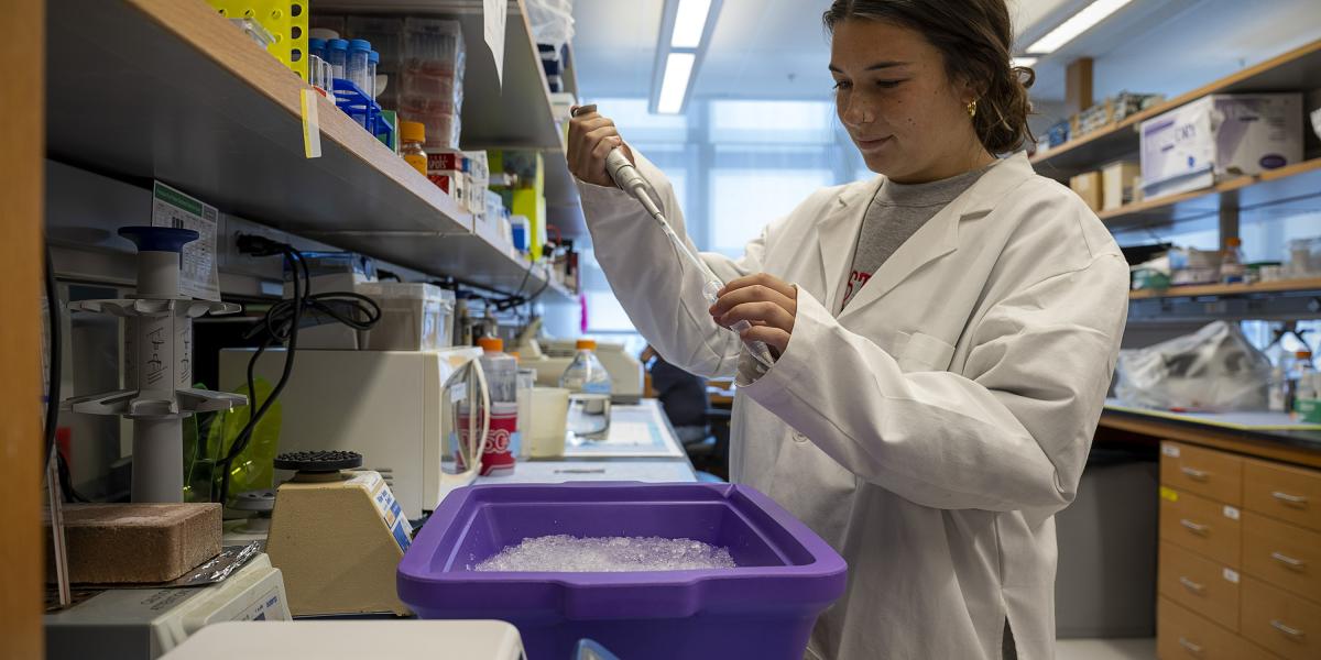 Researcher with ice bucket pipetting