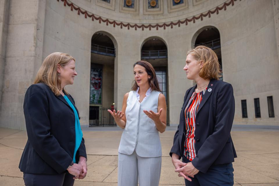 From left to right: Dr. Christin Burd, Dr. Ashley Rosko, Dr. Carolyn Presley talking in a group setting.