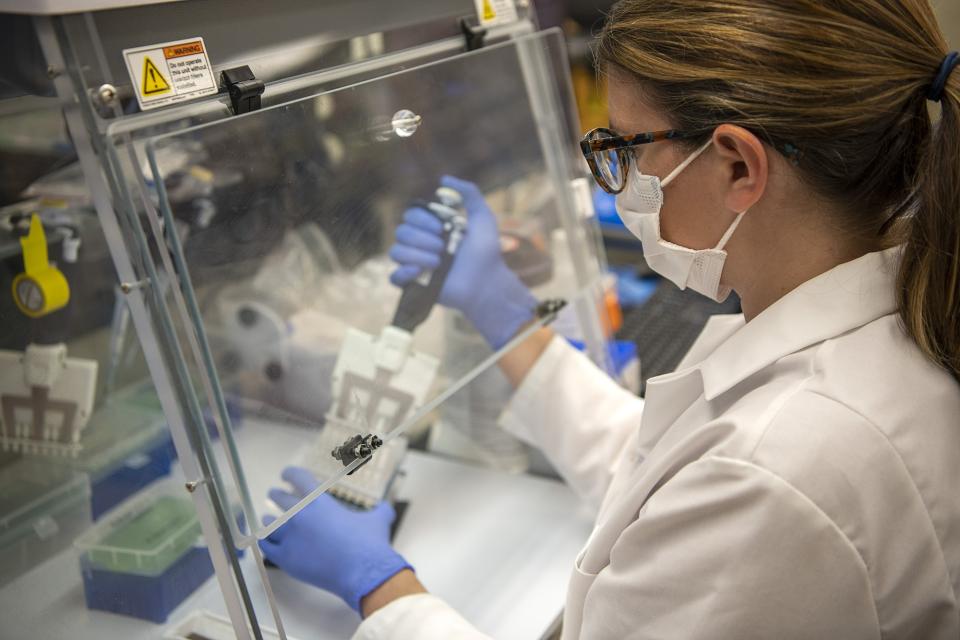 Researcher pipeting in a containment hood