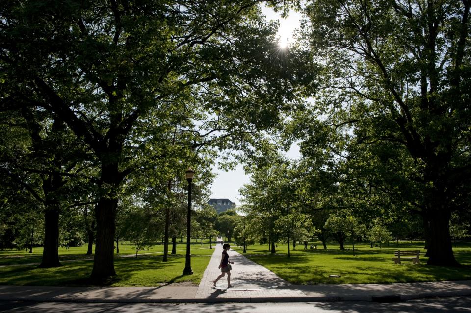 A person walking across the Oval